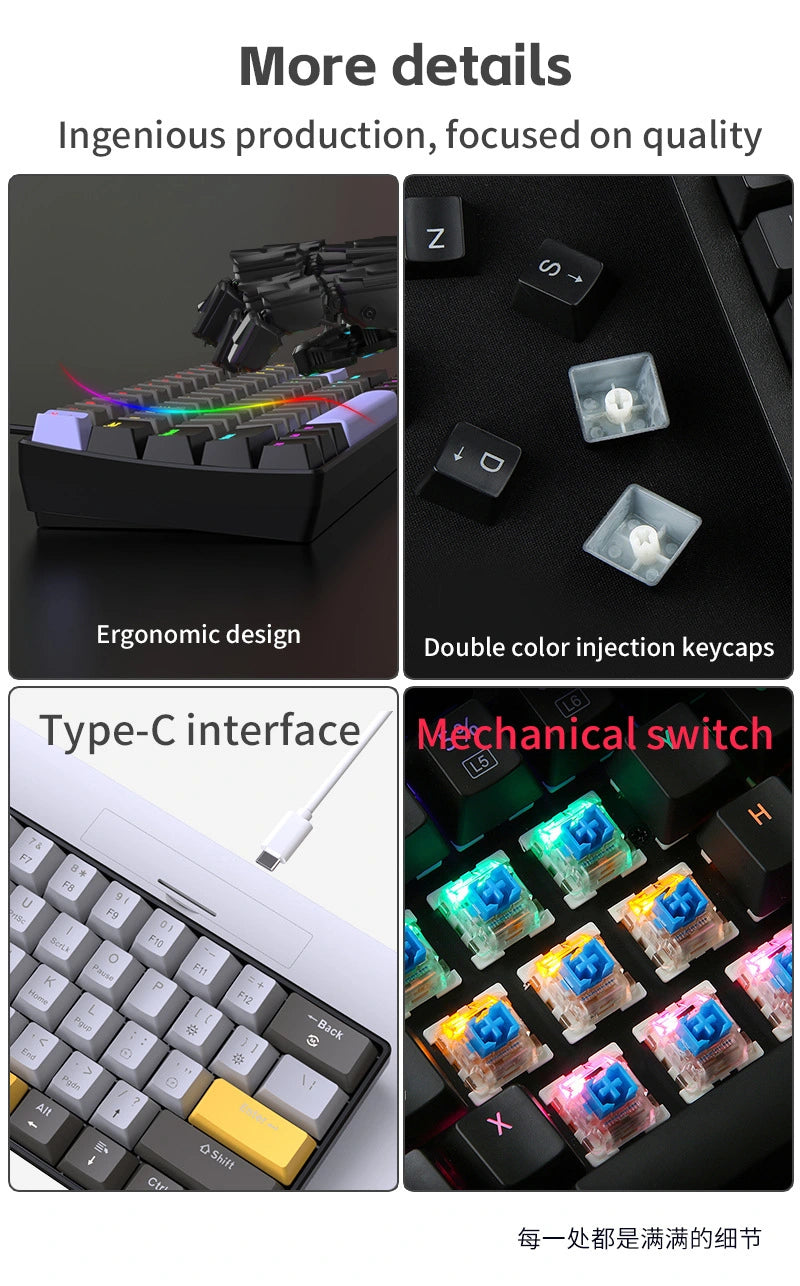 K33 61 Keys RGB Mechanical Gaming Keyboard – Blue Switch, Wired USB-C, Compact 60% Layout