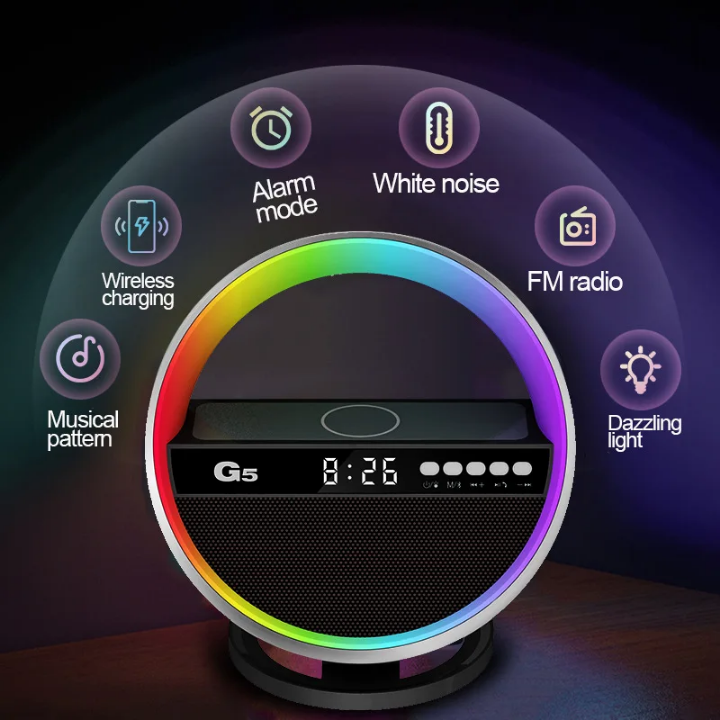 G5 6-in-1 Bluetooth Speaker Lamp – 15W Wireless Charging, Alarm Clock & RGB Light