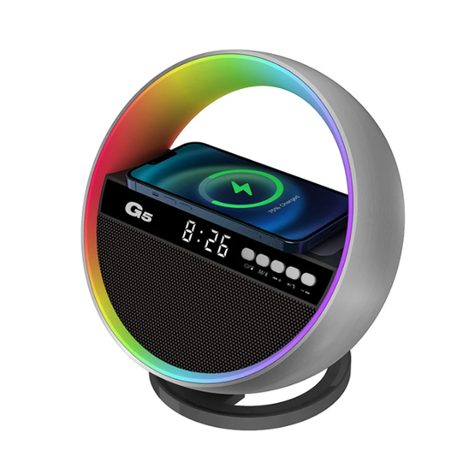G5 G-Shaped Lamp Speaker – Portable Bluetooth Speaker with Digital Clock, Alarm, 15W Fast Wireless Charging & RGB Colorful Lights, Perfect for Home Decor & Gifts