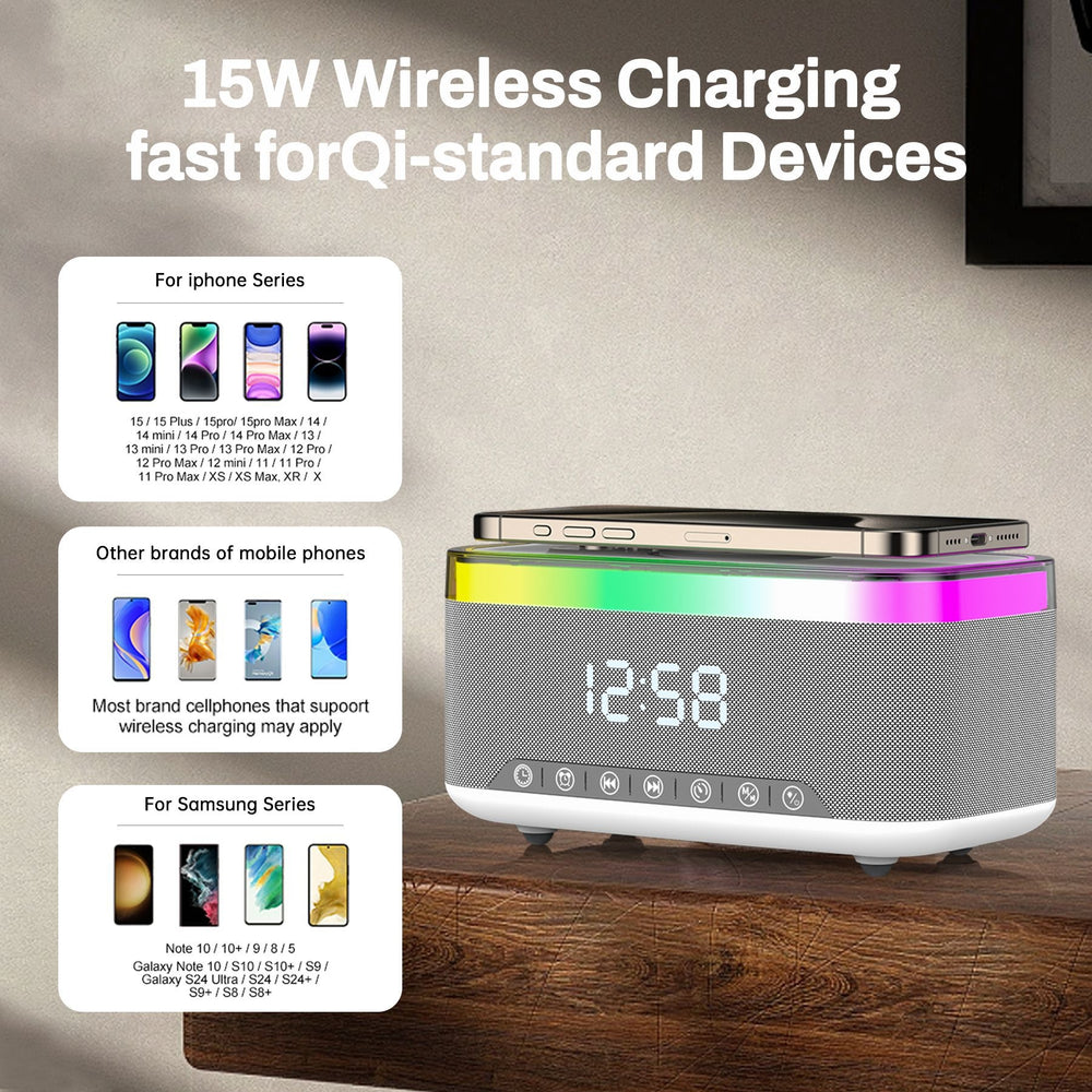 A911 3-in-1 Speaker – 15W Wireless Charging, Dual Bluetooth Speakers, RGB Light
