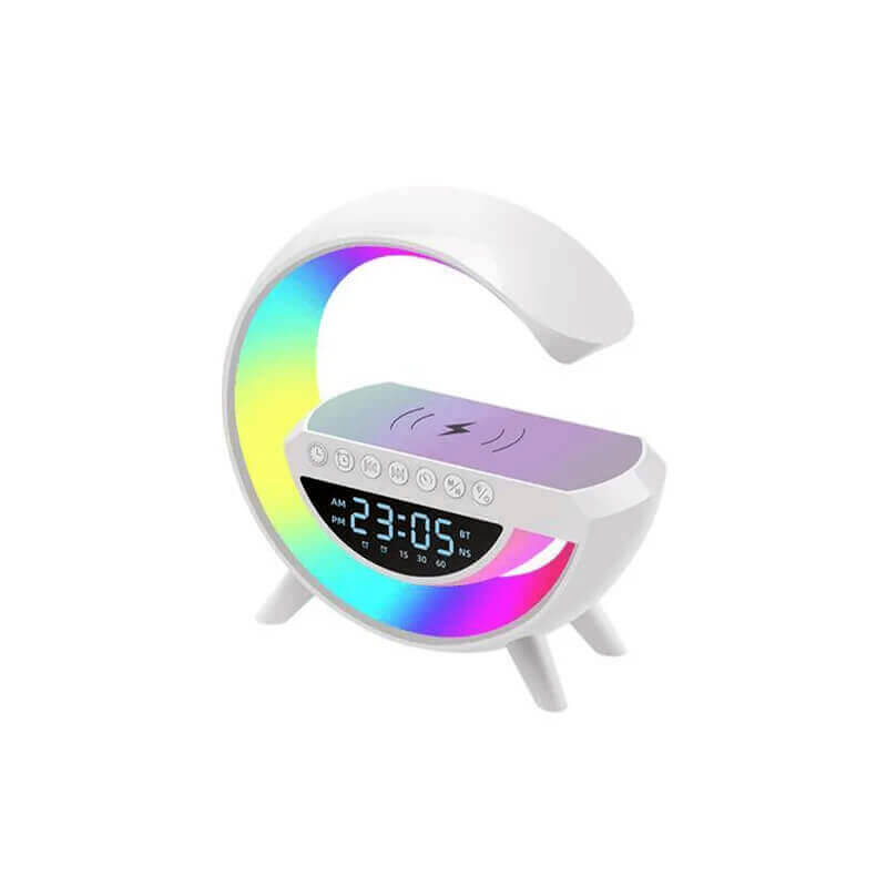 BT3401 G-Shape Lamp Speaker – Portable Bluetooth Speaker with Digital Clock, 15W Fast Wireless Charging & RGB Lights