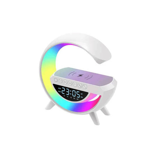 BT3401 G-Shape Lamp Speaker – Portable Bluetooth Speaker with Digital Clock, 15W Fast Wireless Charging & RGB Lights