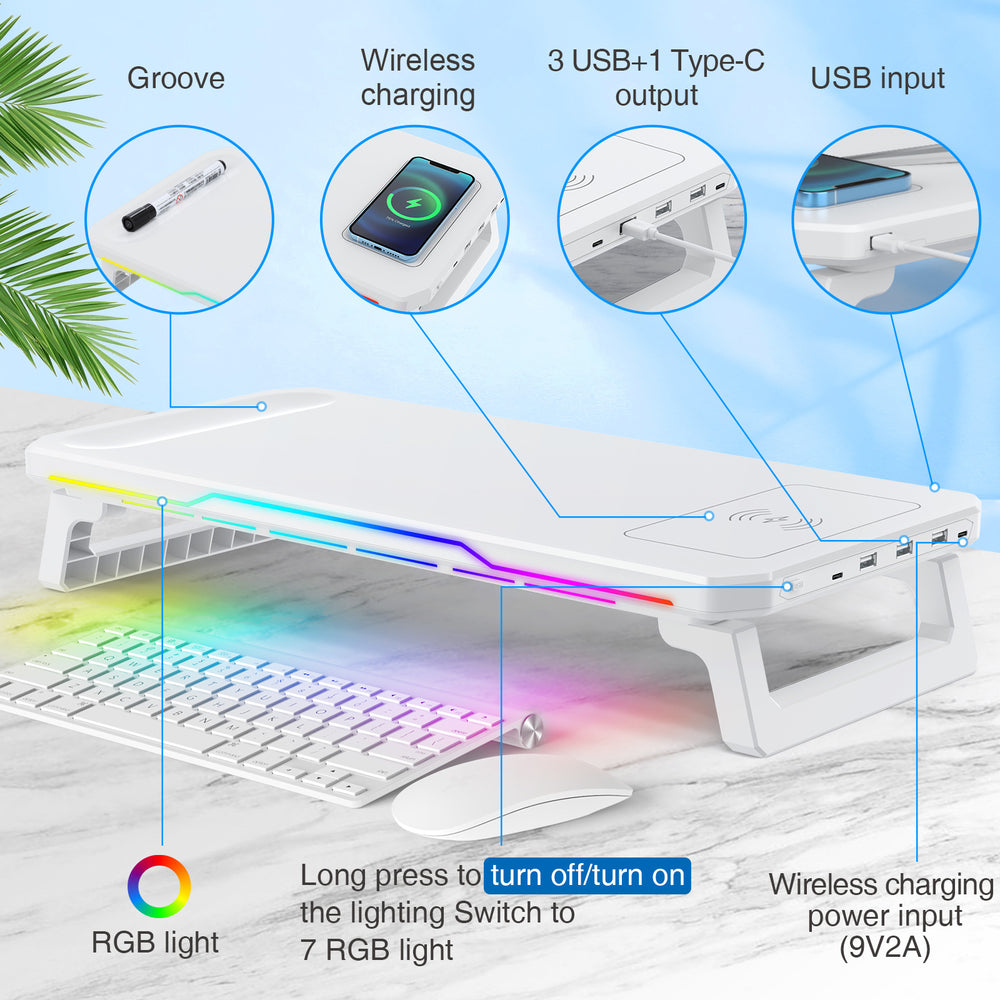 RGB Monitor Stand – 15W Wireless Charging, 3 USB + Type-C Ports, Adjustable Height, 7 RGB Light Modes
