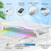 RGB Monitor Stand – 15W Wireless Charging, 3 USB + Type-C Ports, Adjustable Height, 7 RGB Light Modes