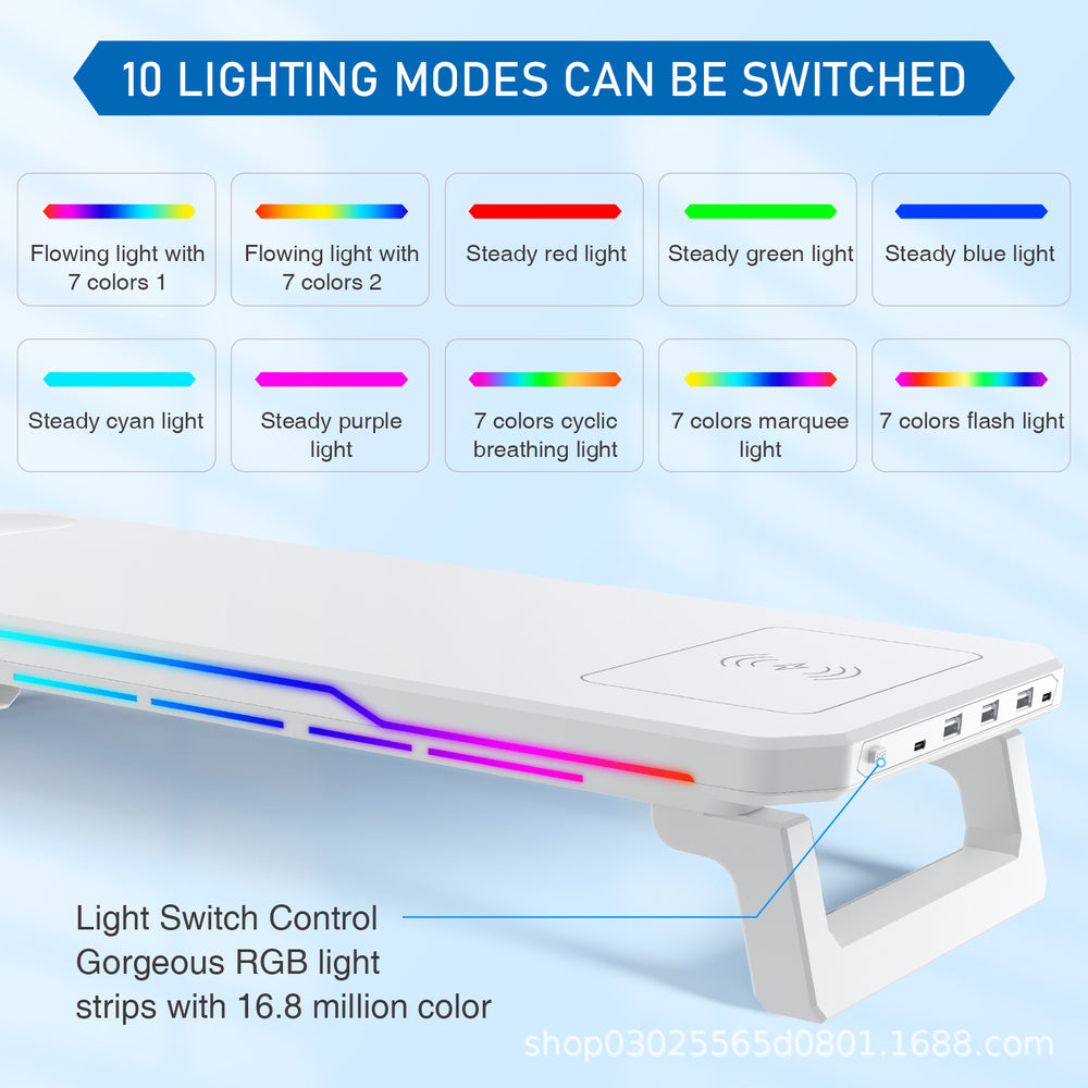 RGB Monitor Stand – 15W Wireless Charging, 3 USB + Type-C Ports, Adjustable Height, 7 RGB Light Modes
