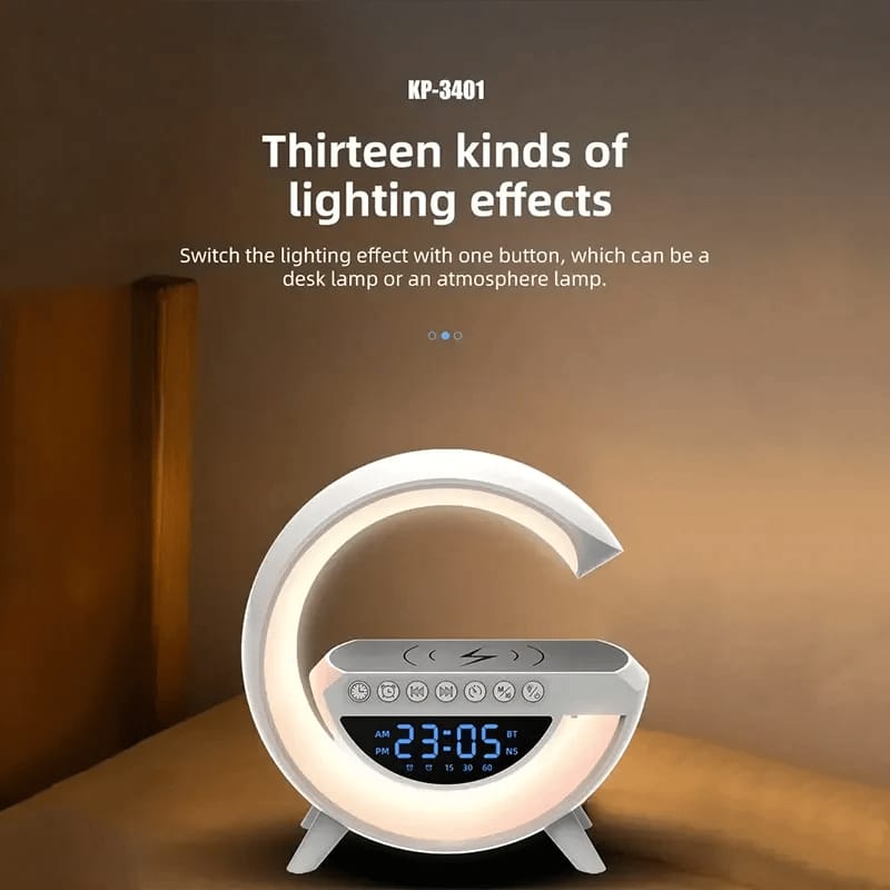 BT3401 G Lamp Speaker – 15W Wireless Charging, Bluetooth Speaker, RGB Light & Digital Clock