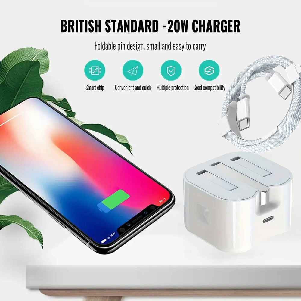 iPhone 20W PD 3-Pin Wall Charger + Lightning Data Cable | USB-C Power Adapter | Super Fast Charging | Compatible with All Apple Devices