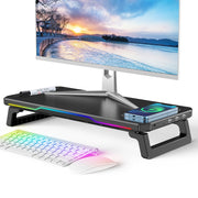 RGB Monitor Stand – 15W Wireless Charging, 3 USB + Type-C Ports, Adjustable Height, 7 RGB Light Modes