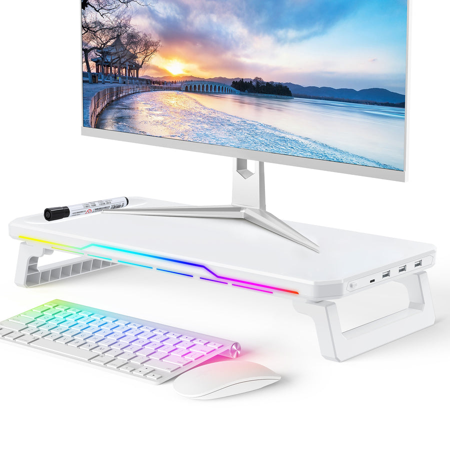 RGB Monitor Stand – 15W Wireless Charging, 3 USB + Type-C Ports, Adjustable Height, 7 RGB Light Modes